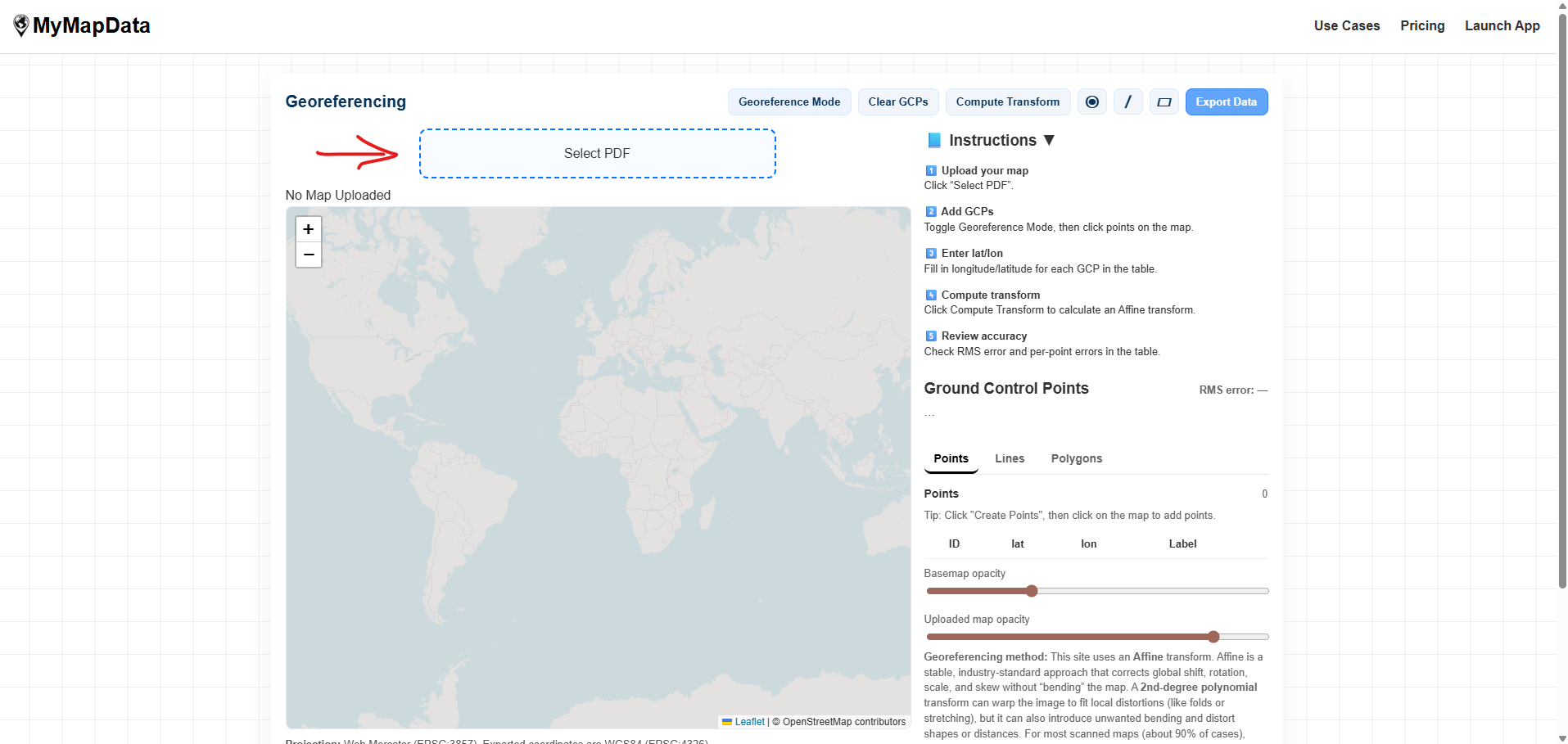 MyMapData upload map interface showing a PDF loaded and the basemap visible underneath.