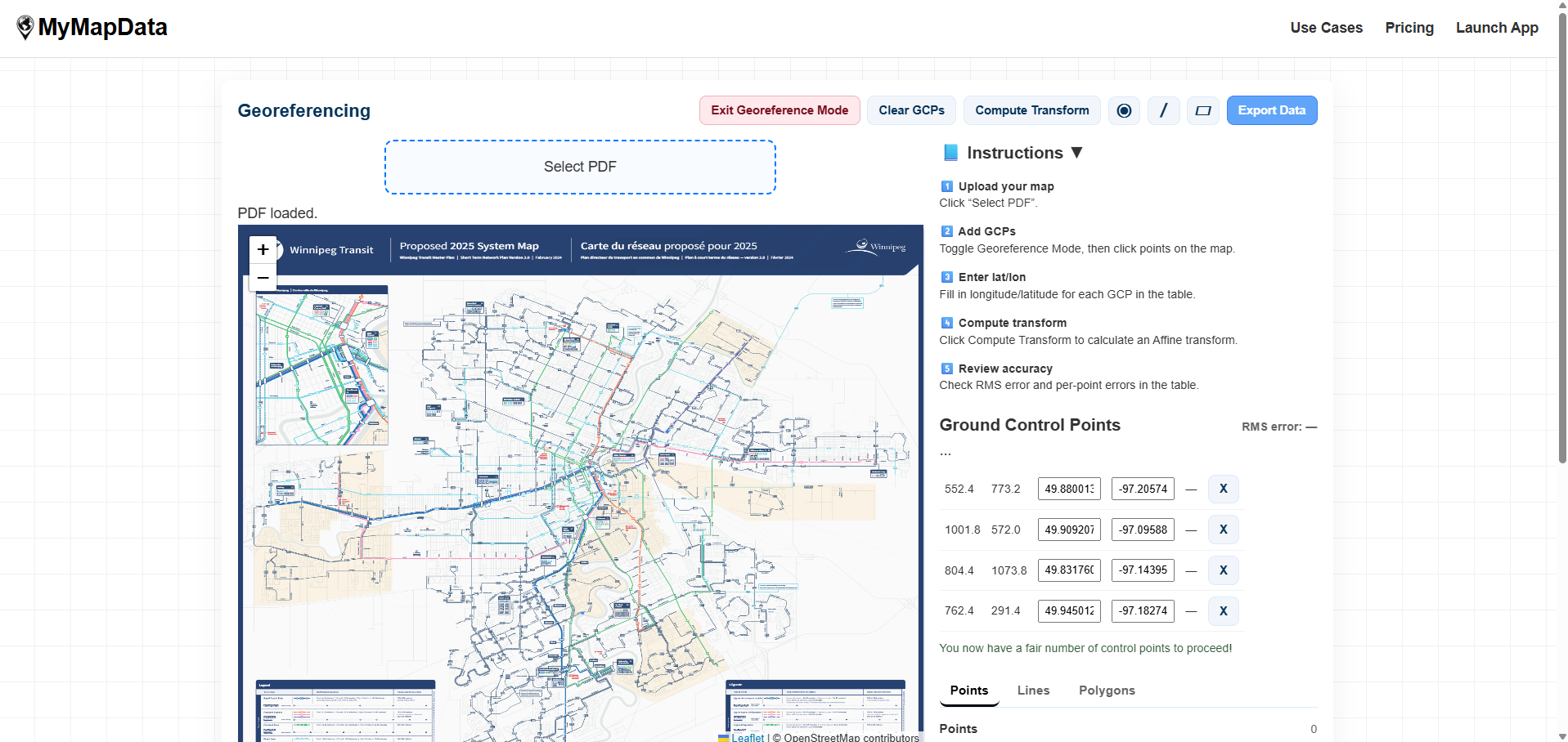 GCP placement view showing control points on the scanned map with latitude and longitude input fields.
